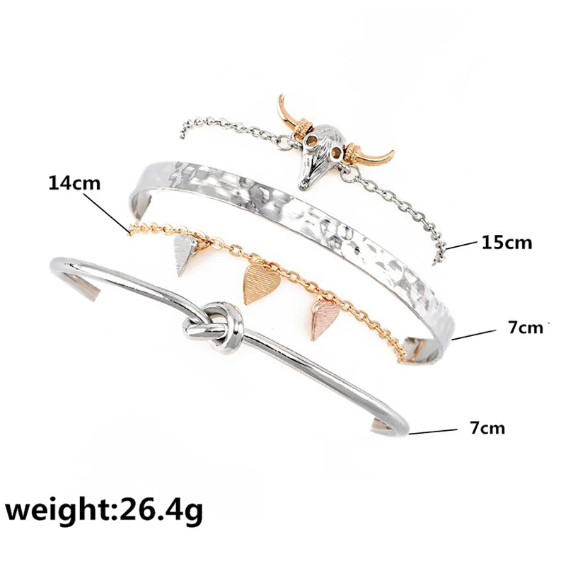 4 Pcs/Set Bohemian Bull Head Knotted Heart Chain Opening Multilayer Silver Color Bracelet Set Women Personality Jewelry  | Украшения и