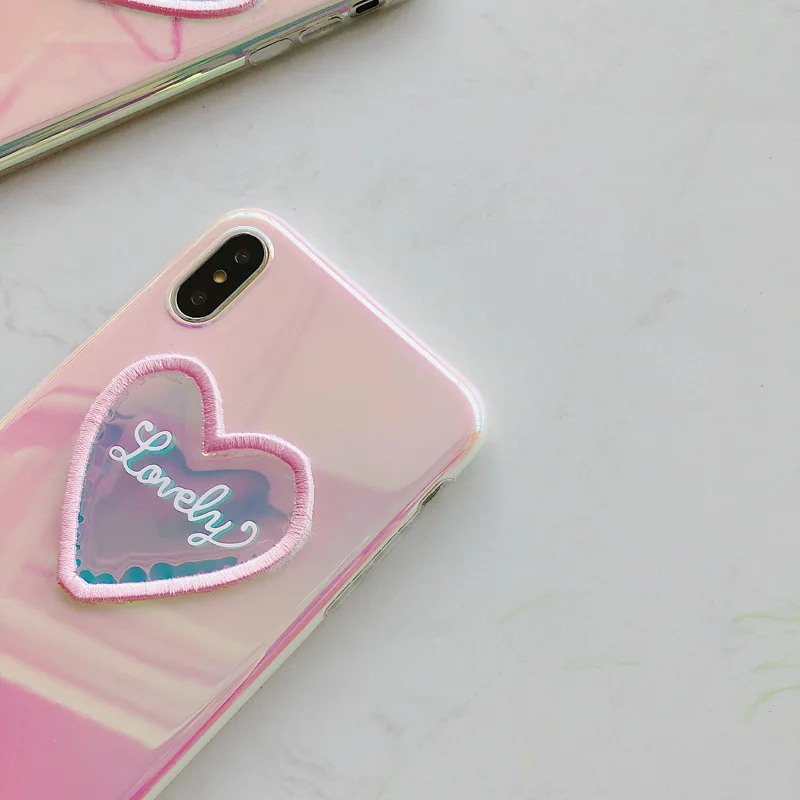 Colorful embroidery heart Pink Phone Case For iPhone X XS Max XR 6s 6 7 8 Plus Laser gradie Cover Fitted |