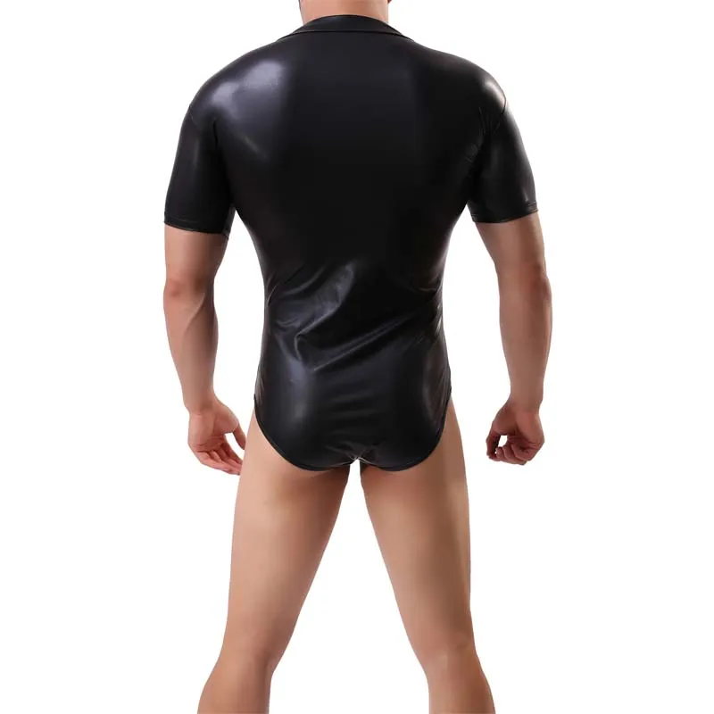 

Mens Bodysuit Jumpsuits Imitation Leather Sexy Zipper Men Body Shaper Nightclub Stage Performance Body Suits