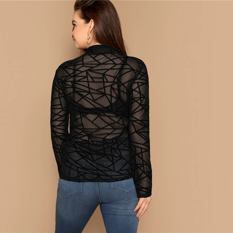 SHEIN Сексуальный Прозрачный Топ С Длинным Рукавом Облегающая Блузка Без Бра