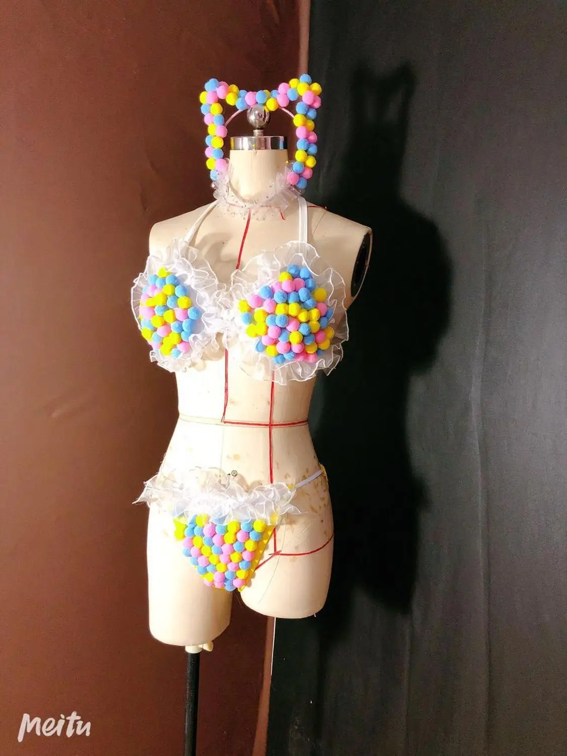 Блестящее милое бикини с пушистыми помпонами сексуальная одежда для выступлений