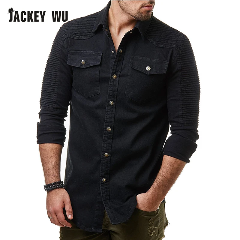Бренд JACKEYWU джинсовая рубашка для мужчин мода 2019 плиссированные джинсовые