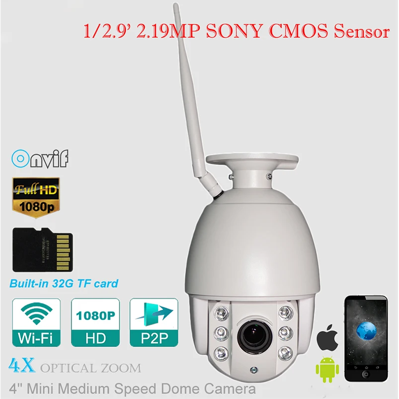 1080P SONY CMOS P2P Onvif WiFi камера HD 4x оптический зум объектив Встроенный 32TF карта