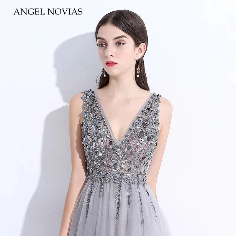 Женское длинное вечернее платье ANGEL NOVIAS серое с открытой спиной весна 2020 | Свадьбы