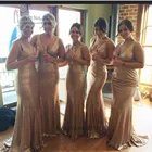 Платье подружки невесты с золотыми блестками, пикантное длинное свадебное вечернее платье с V-образным вырезом, без рукавов, с юбкой-годе, цвета шампанского