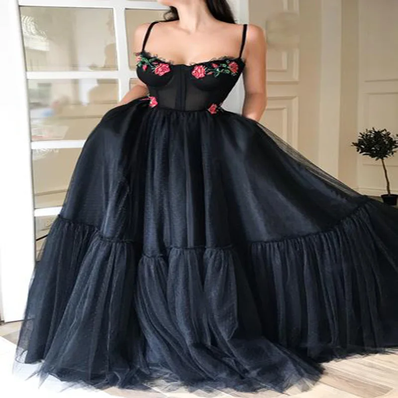 

robe de soiree with Sleeveless Spaghetti Evening dress Handmade Flower Oman Black Prom Dress Formal Evening gown Saudi Arabia