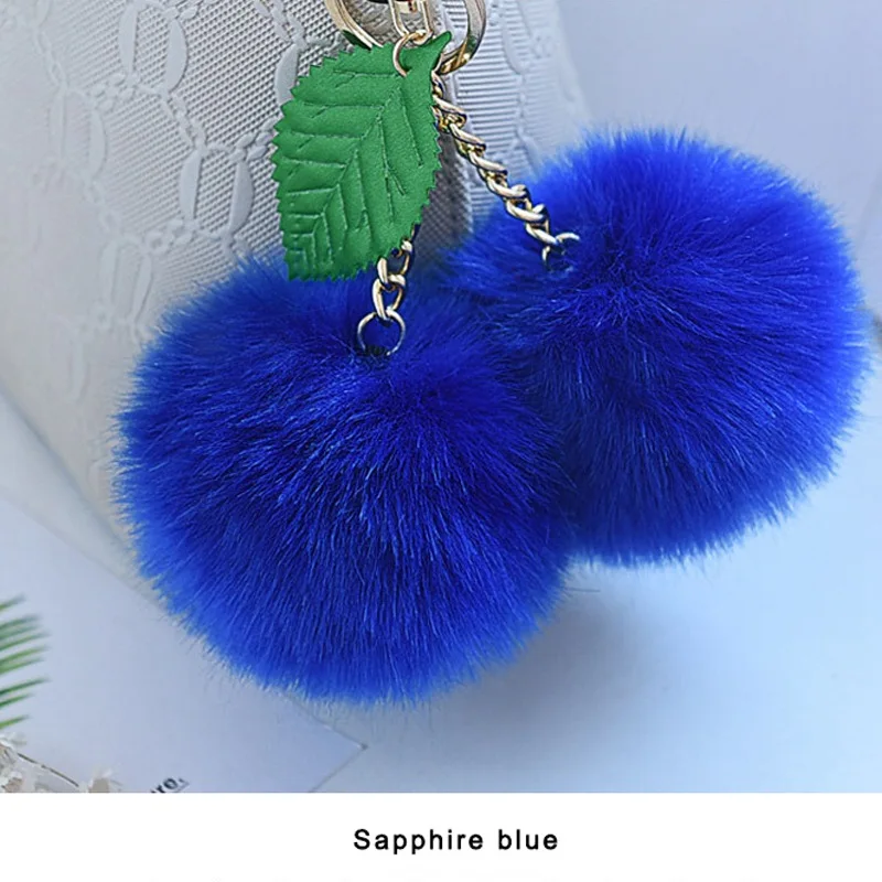 Sapphire blue Корейская мода двойной пушистый шарик-помпон брелок конфетного цвета брелок-вишня для сумки автомобиля женщин искусственный мех кролика брелок - Цвет: Sapphire blue