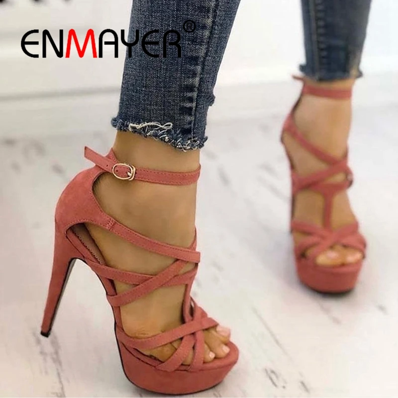 

ENMAYER Flock Basic Casual Buckle Strap Platform High Super Zandalias De Verano Mujer Women Sandals Summer Size 34-43 ZYL2612