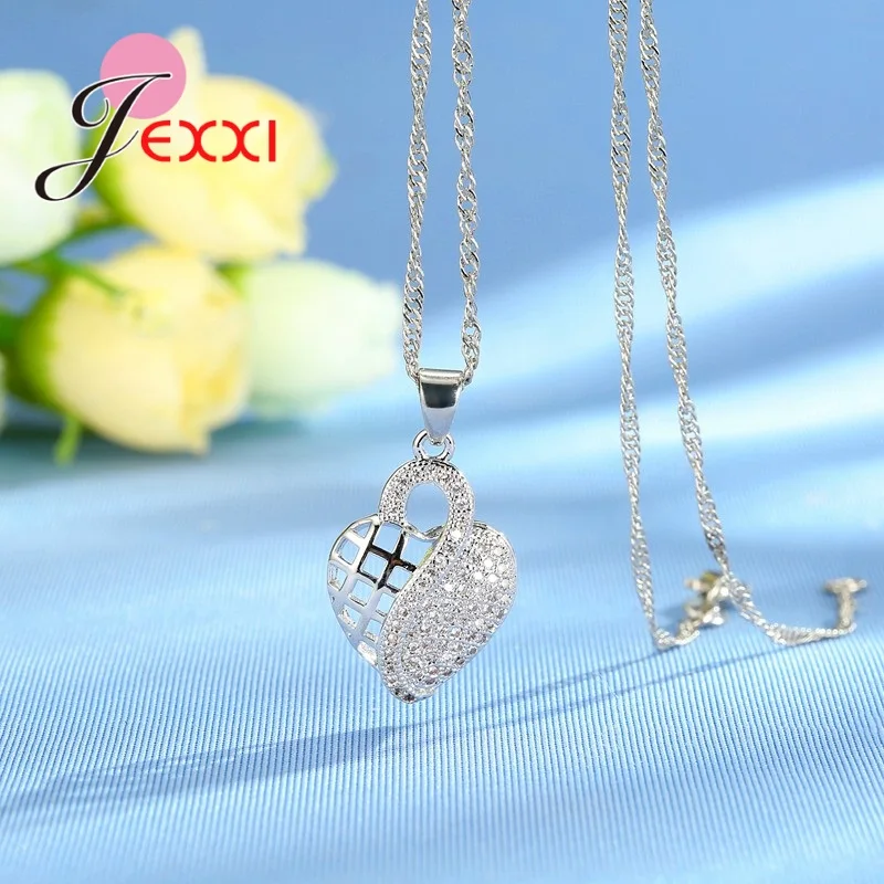 

Romantic Heart Pattern Crystal Earrings Necklace Set 925 Sterling Silver Chain Jewelry Sets Wedding Jewelry Valentine's Gift