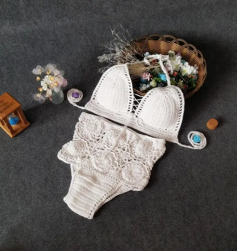Кружевной вязаный купальник с высокой талией Бразильский бикини Женский