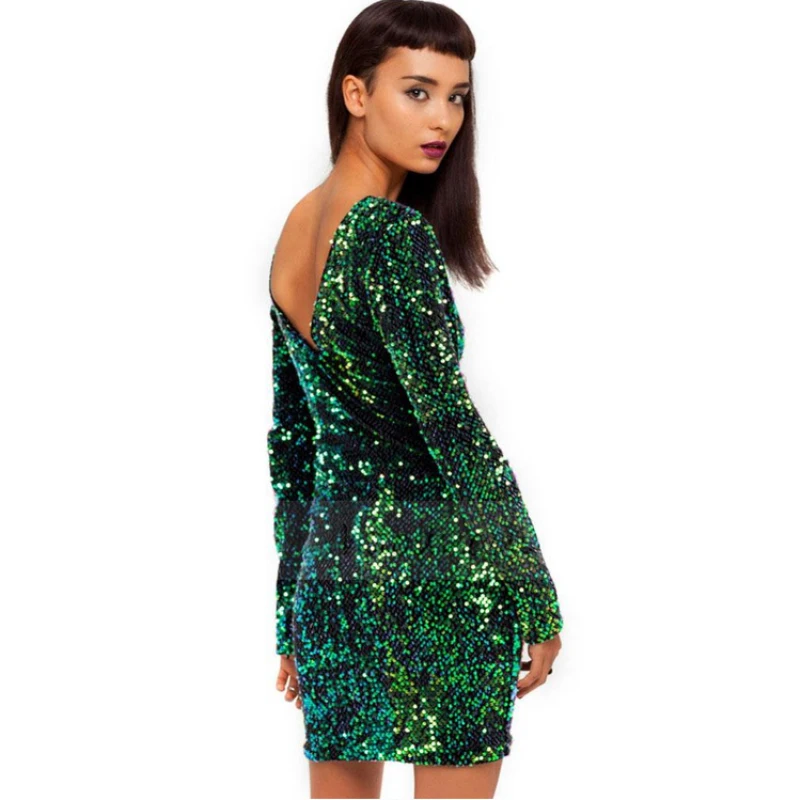 Sexy women dress длинным рукавом блесток bodycon зеленый радужный плюс размер туника клуб