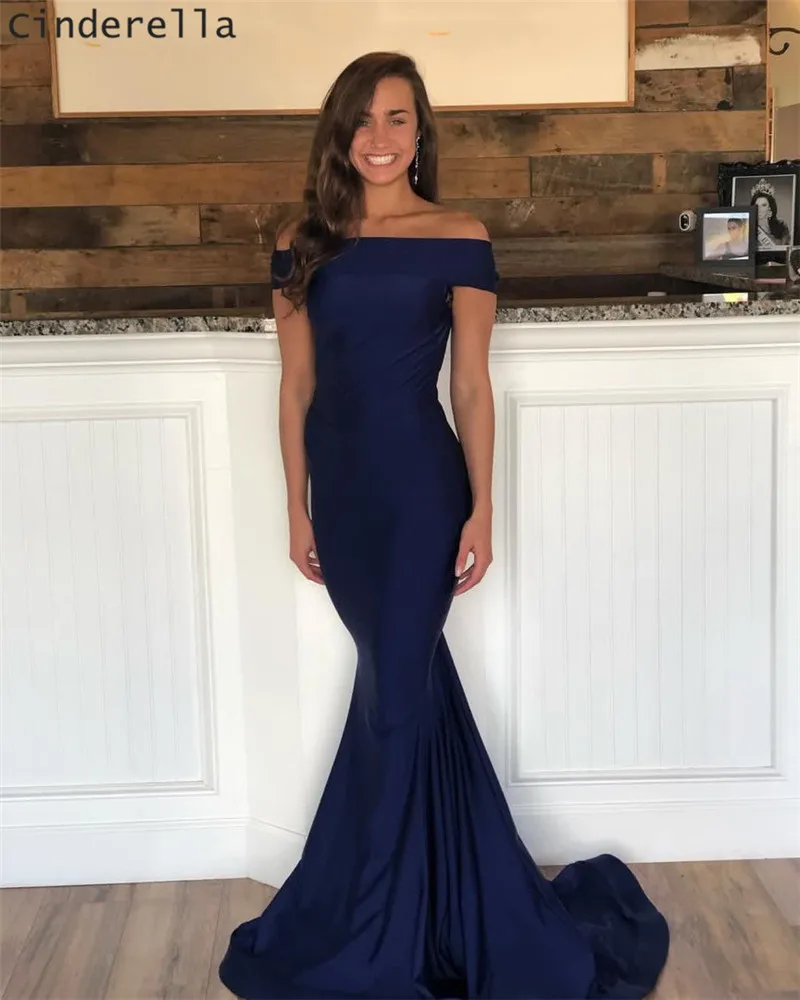 

Cinderella Lovely Navy Blue Boat Neck Off The Shoulder Satin Evening Dresses Sweep Train Zipper Back Party Evening Dresses