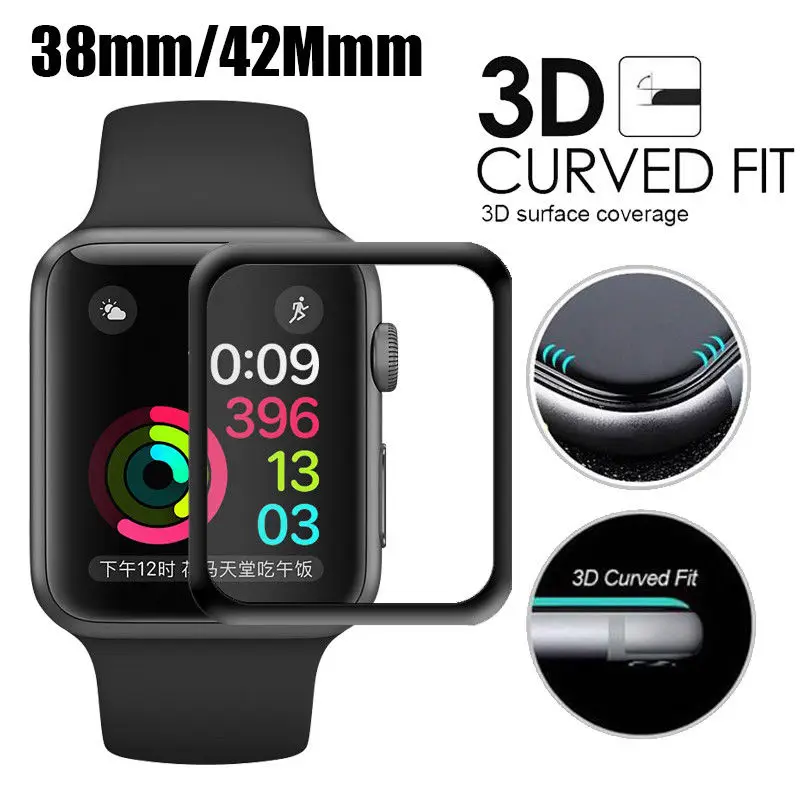 9H полное покрытие закаленное стекло для Apple Watch 38 мм 42 3D изогнутая поверхность