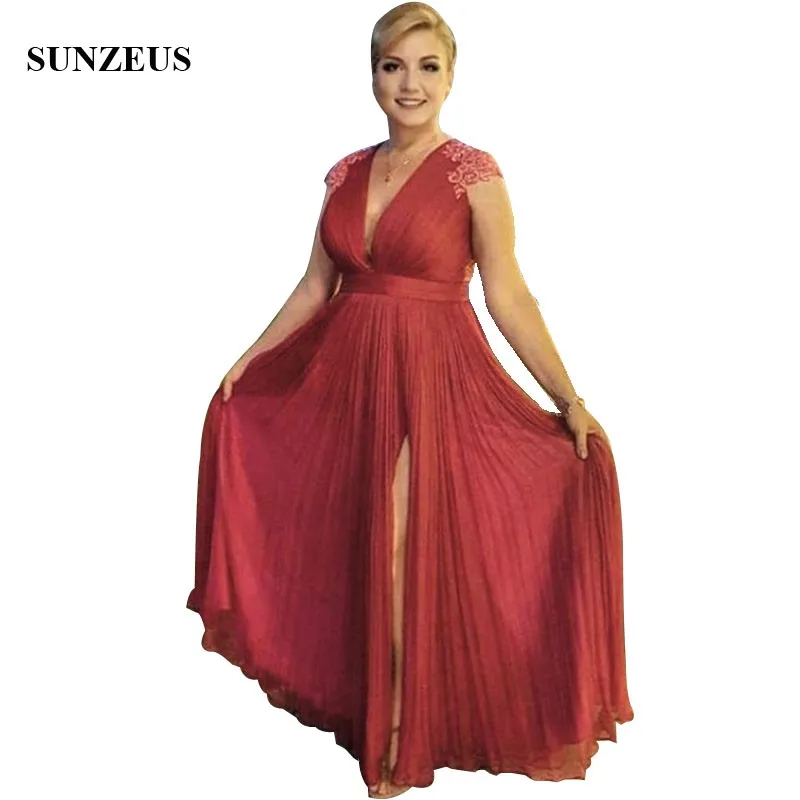 

Deep V-neck Sexy Mother Of The Bride Dresses With Slit A-line Beaded Appliques Long Red Women Gowns Chiffon Formal Wear CM0162