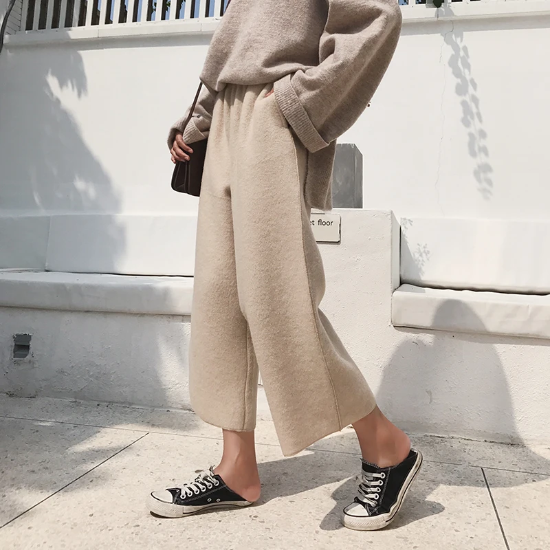 

Thick woolen material nine points wide leg pants female 2020 autumn and winter high waist was thin casual pants tide