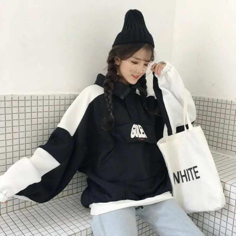

Winter Bat Sleeve Turtleneck Sportswear Hoodie Plus Velvet Thick Hit Color Bf Stitching Letter Print Harajuku Women Sweatshirts