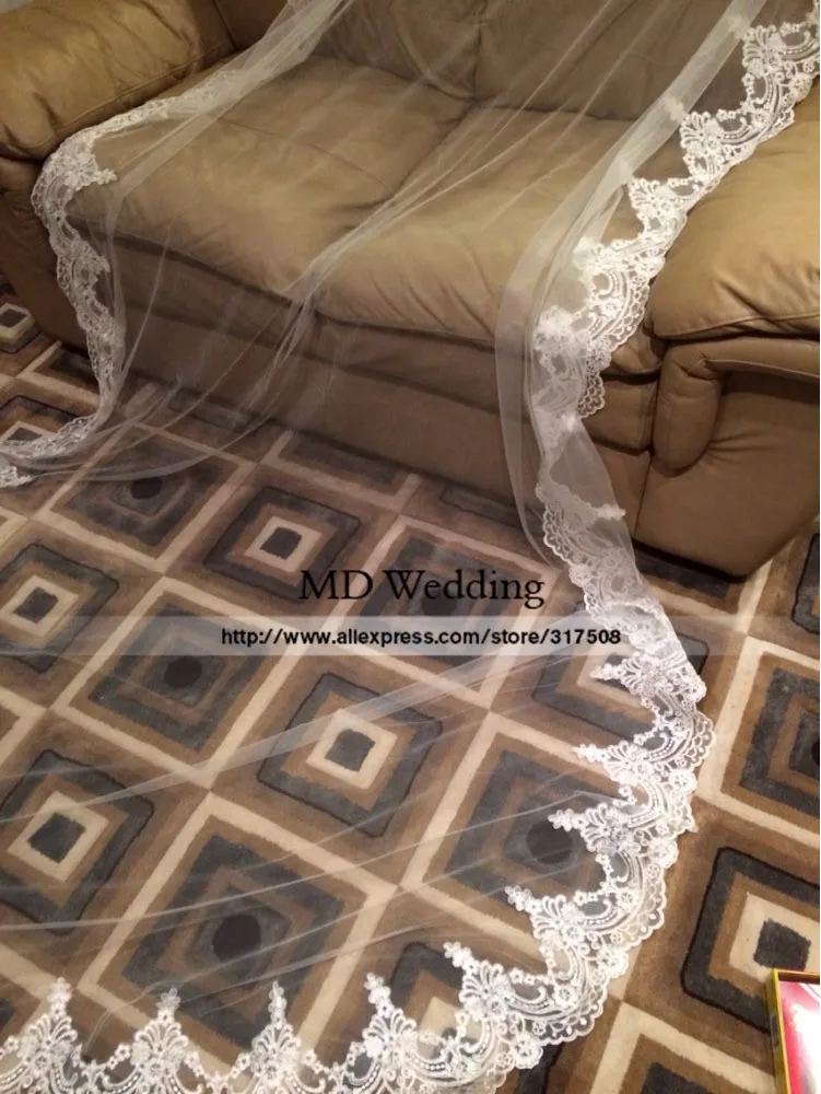 

6M Real Photos 2017 White/Ivory Beautiful Cathedral Length Lace Edge Wedding Bridal Veil With Comb Wedding Accessories MD3084-6
