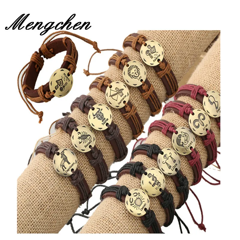 

12PCS 12 Constellations Charms Genuine Leather Bracelets Antique Gold & Silve Alloy Men Women Wrap Adjustable Bracelet