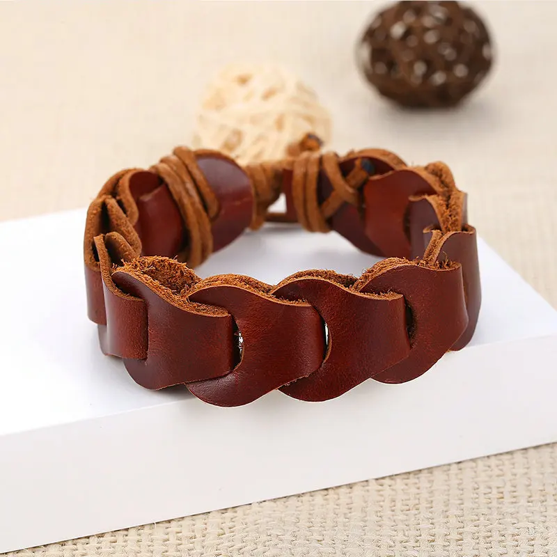 Панк коричневый черный кожаный браслет для мужчин Веревка Сеть Wrap Браслеты