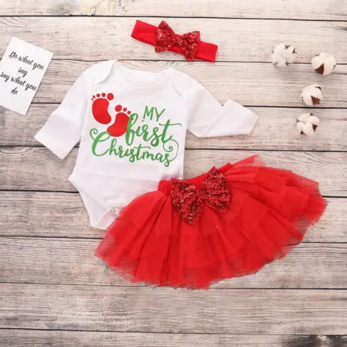 Топы для новорожденных девочек с надписью My First Christmas комбинезон юбка повязка на