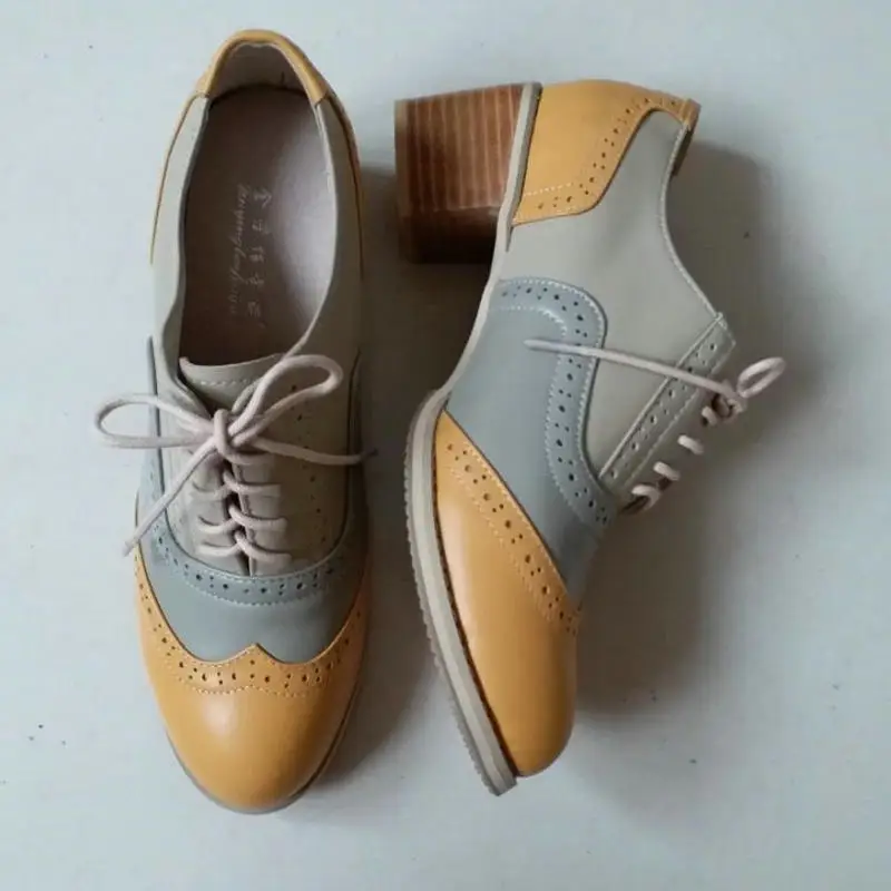 Женские туфли оксфорды из натуральной кожи на толстом высоком каблуке модная