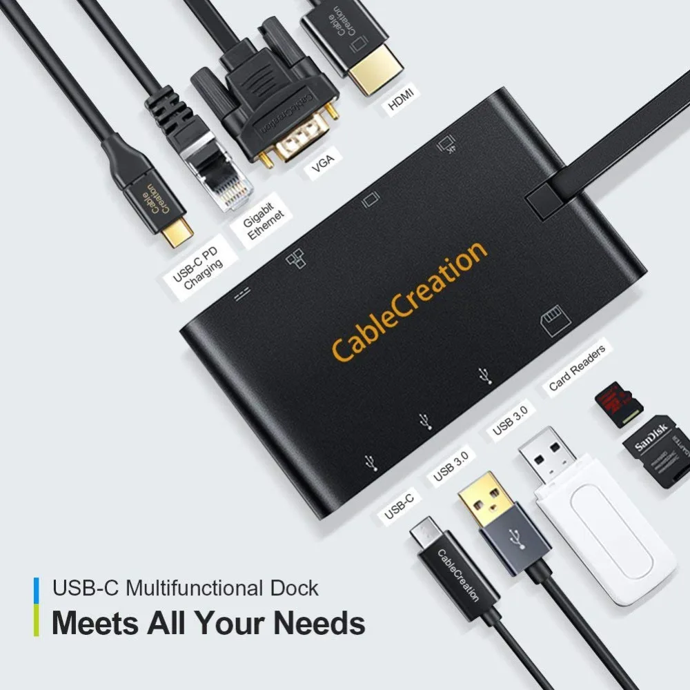 CableCreation USB-C Multifunctional Hub Type C to HDMI-compatible 4K+VGA+USB 3.0+Gigabit RJ45 Ethernet+Card Reader+ PD Charging |