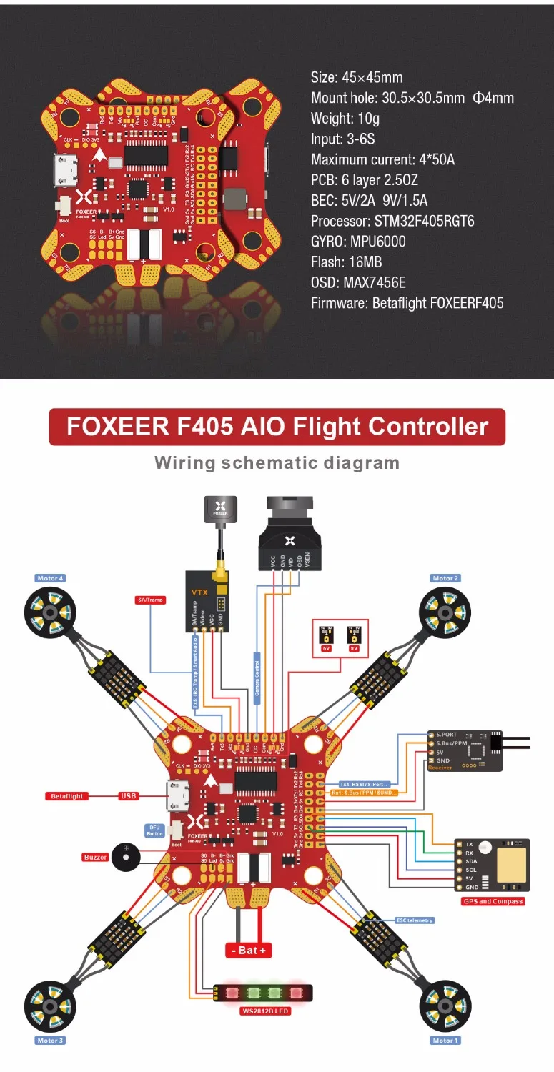 Foxeer F405 F4 AIO система управления полётом с диагональю экрана 3-6 S с Betaflight OSD/5C 2A BEC полета Управление доска для радиоуправляемого летательного аппарата FPV Фристайл Квадрокоптер