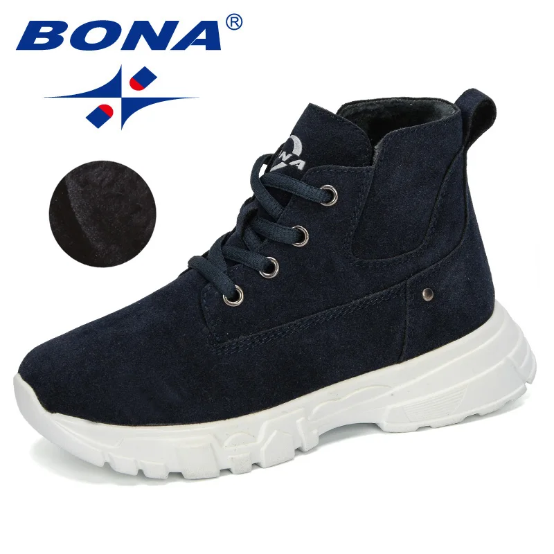 Deep blue BONA/Новинка года; дизайнерские Детские теплые плюшевые зимние ботинки; удобные детские ботильоны из флока; модная обувь для альпинизма - Цвет: Deep blue
