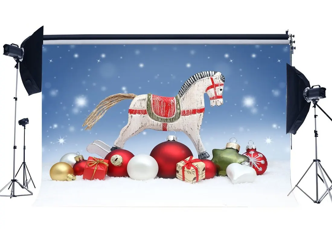 

Photography Backdrop Merry Christmas Ball Gifts Hobbyhorse Bokeh Halos Glitter Sequins Polka Dots Xmas Background