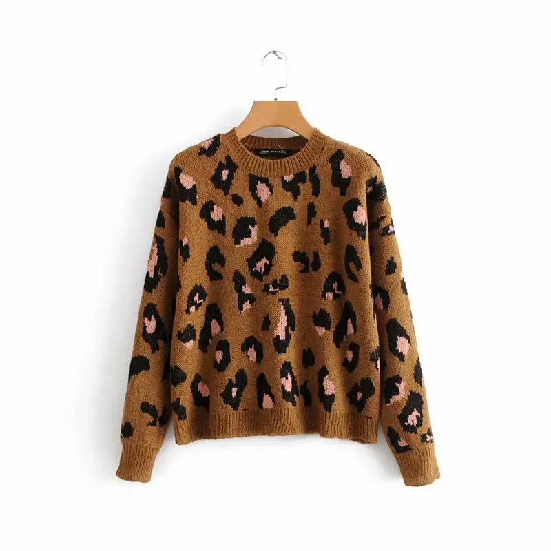 women fashion vintage leopard printing knitting casual sweater ladies o neck basic femme autumn pullovers chic tops S029 | Женская
