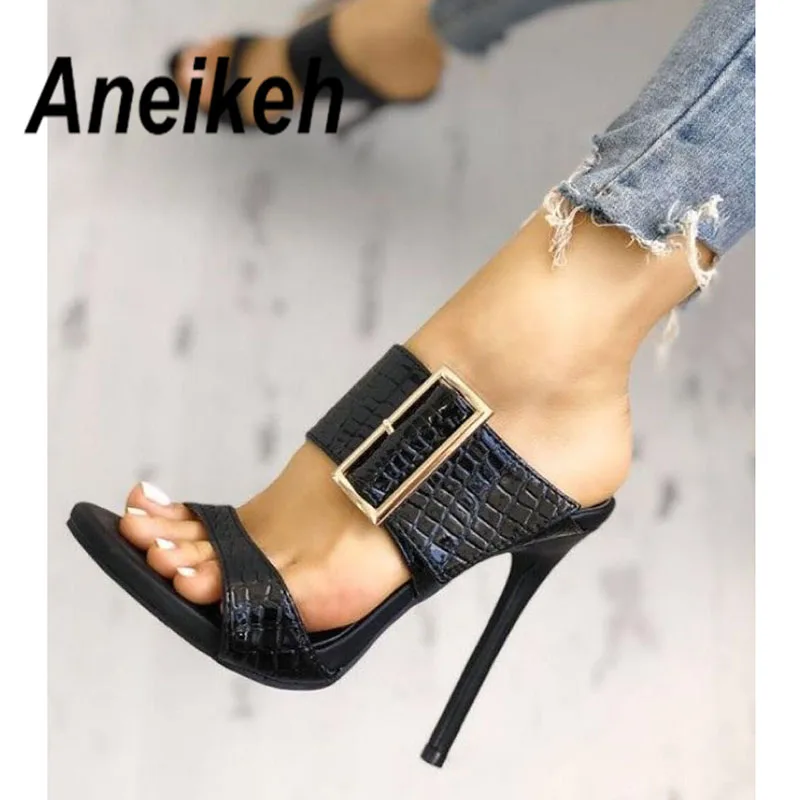 

Aneikeh 2022 Fashion Sexy Gladiator Summer PU Women Sandals Thin High Heels Sandals Slip-On Opinted Toe Black Dress Size 35-40