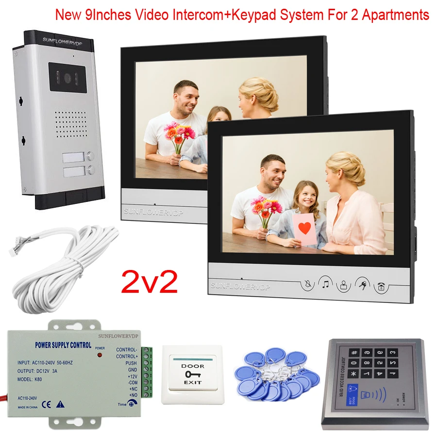 

Touch Keys 9” Indoor Monitor Intercom For 2/3/4/5/6 Apartments Video Doorbell With Rfid Password Access Control System Full Kit