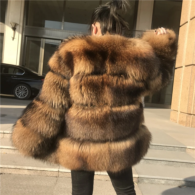 Пальто из натурального меха енота женская зимняя теплая куртка 2019 модная шуба