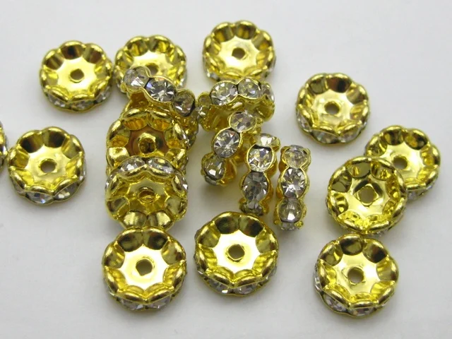 

50pcs Golden Flower Rhinestone Rondelle Spacers Beads 10mm