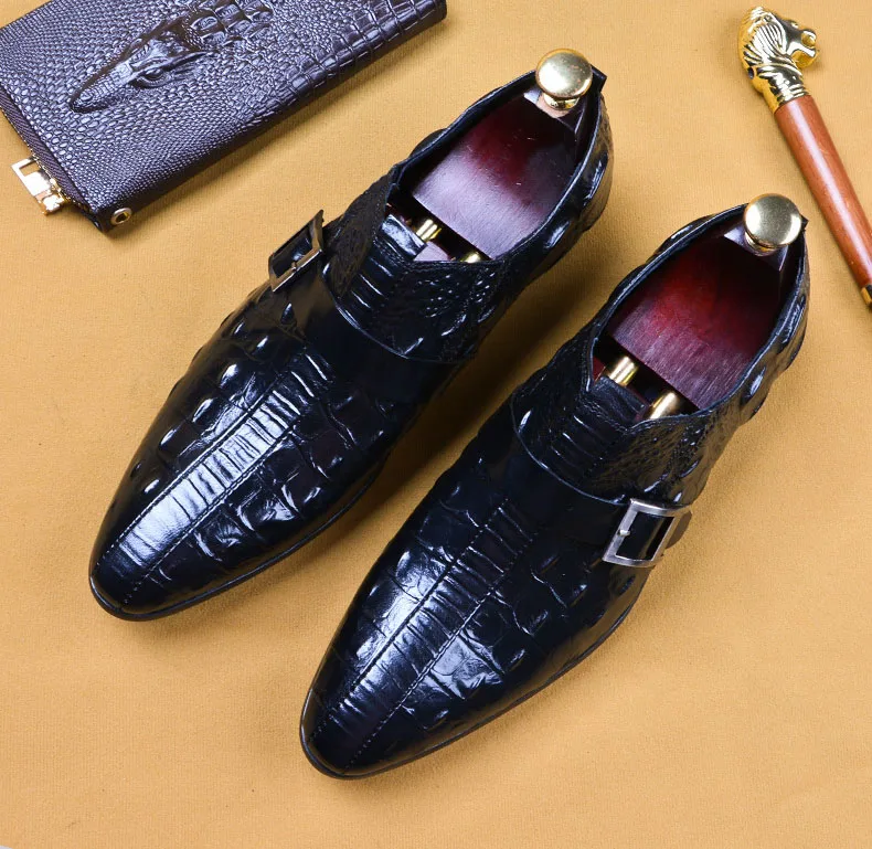 Brown Black 2019 Crocodile Pattern Genuine Leather Luxury Buckle Wedding Party Dress Shoes Design High Quality Men's Suit | Обувь