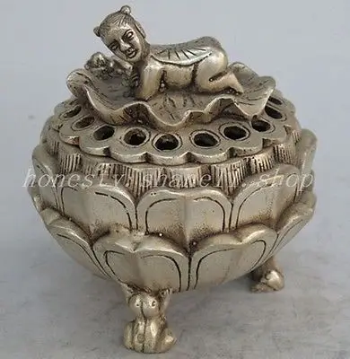 Exquisite Chinese Collectible Decorated Old Handwork Tibet Silver kid grovel on the lotus incense burner
