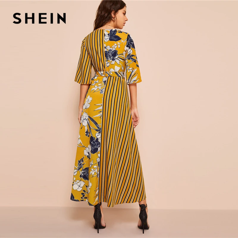SHEIN платье в полоску с цветочным принтом, платье с вырезом, рукав три четверти, женские платья с высокой талией, весенне-осенние платья