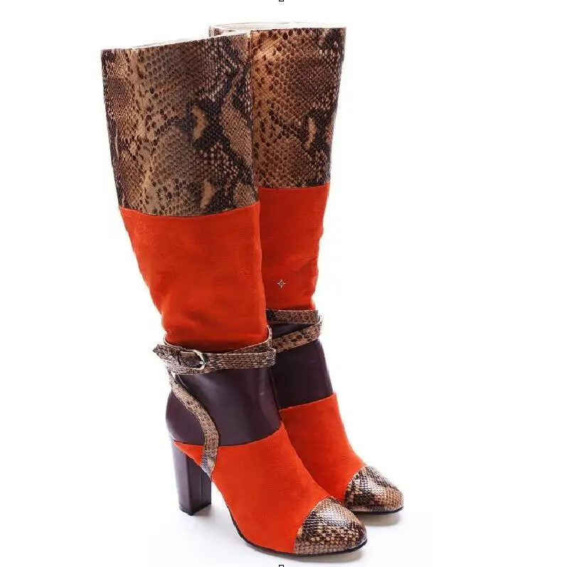 

Hot Sexy Fashion Mixed Colors Flock Knee-Hight Shoes Zip Round Toe Women's Shoes Square Heel Big Size Women'S Boots