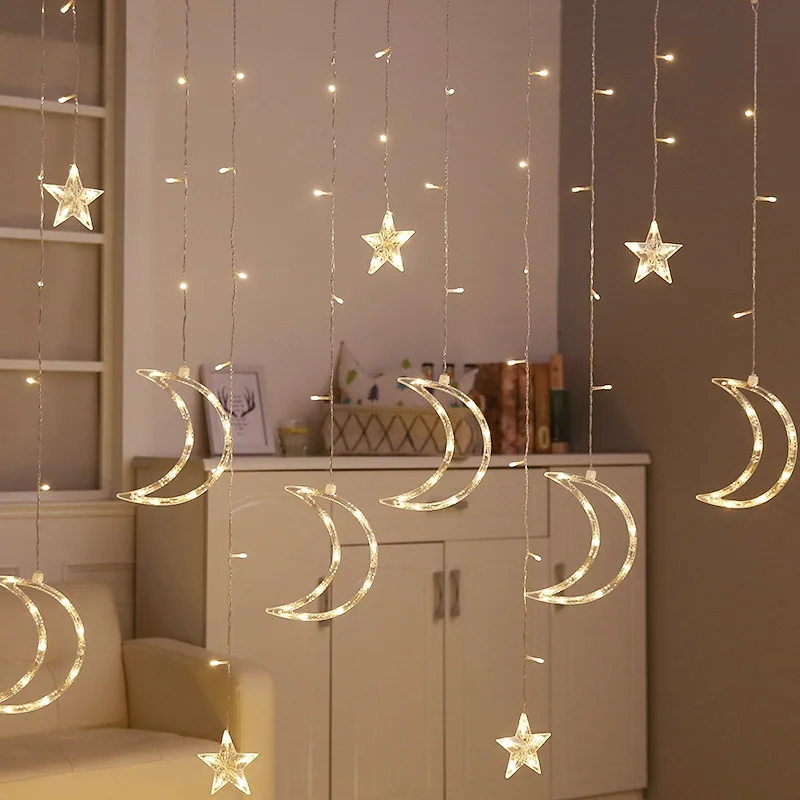 Фея светодио дный Шторы Строка Light Star Moon лампы теплый белый 220 В гирлянда света для