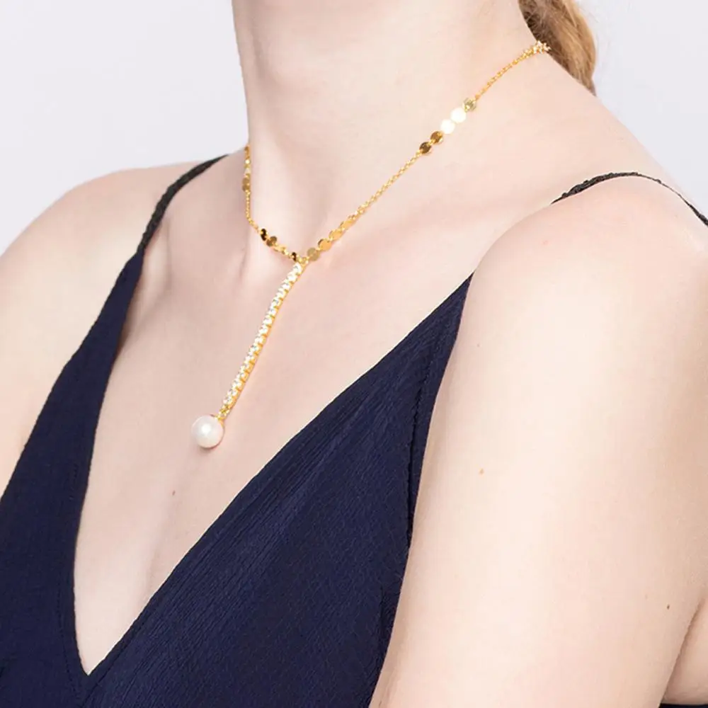 

925 Sterling Silver 3A Grade Cubic Zirconia Pearl Long Pendant Necklaces for Women Gold Disc Round Sequins Coin Chain Necklaces