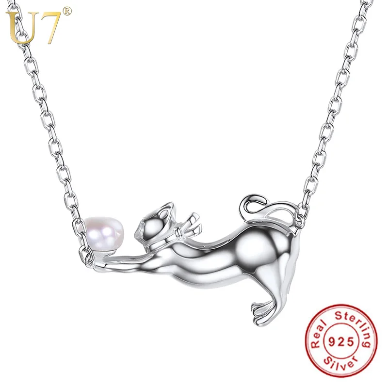 

U7 Authentic 100% 925 Sterling Silver Cat Charm Pendant Necklace Cute Animal Freshwater Pearl Silver Jewelry Gift for Women SC18