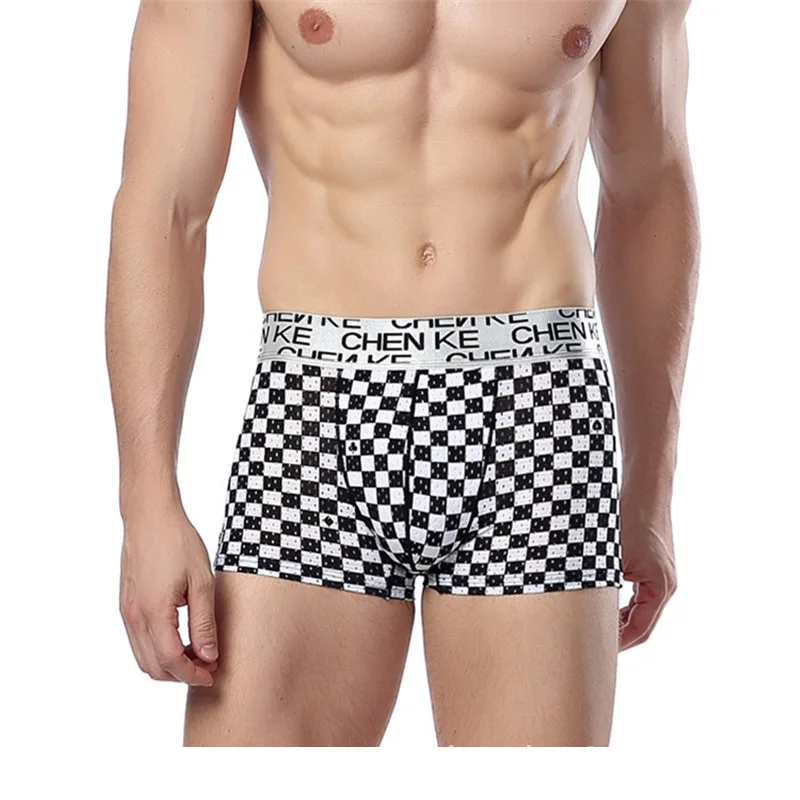 Chenke365 Brand Boxer Men Underwear Plaid Ice Silk Spandex Boxers Mens Penis Pouch Shorts Panties Male Short Underpants Cuecas | Мужская