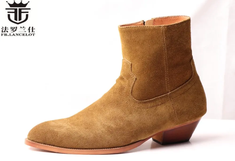 FR.LANCELOT fashion Chelsea boots men real suede leather boots British Style zip up ankle shoes high top med heel men boots