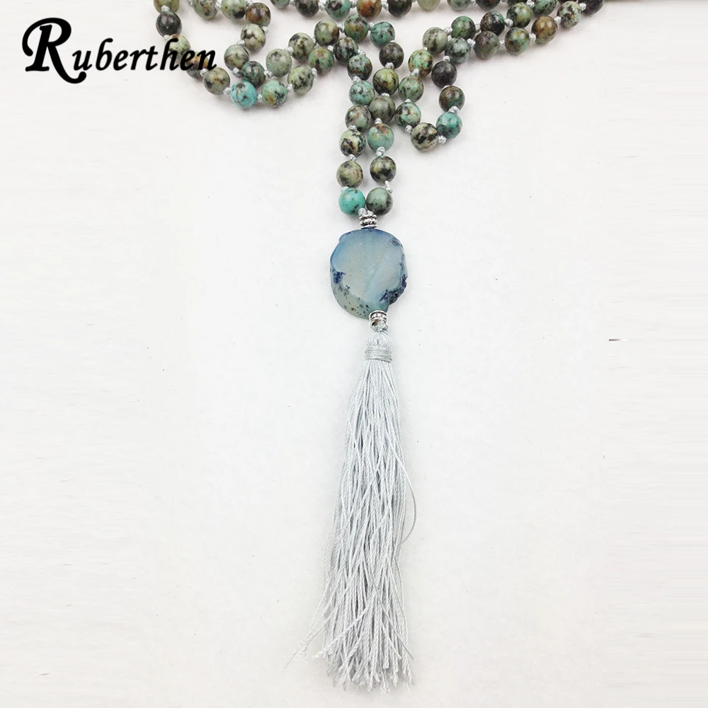 Ruberthen High Quality Knotted Necklace 38 inch Natural Stone Charms Women`s Mala Trendy African Tuquoise | Украшения и