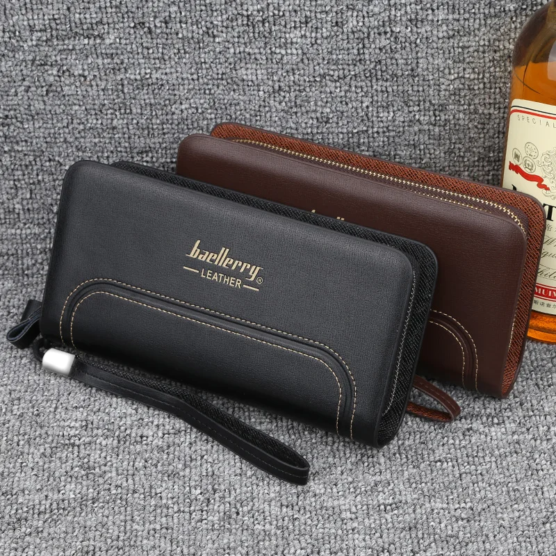 

Baellery Double Zipper Men Long Wallets Vintage PU Leather Male Clutch Purse Phone Card Holder Mens Wallets