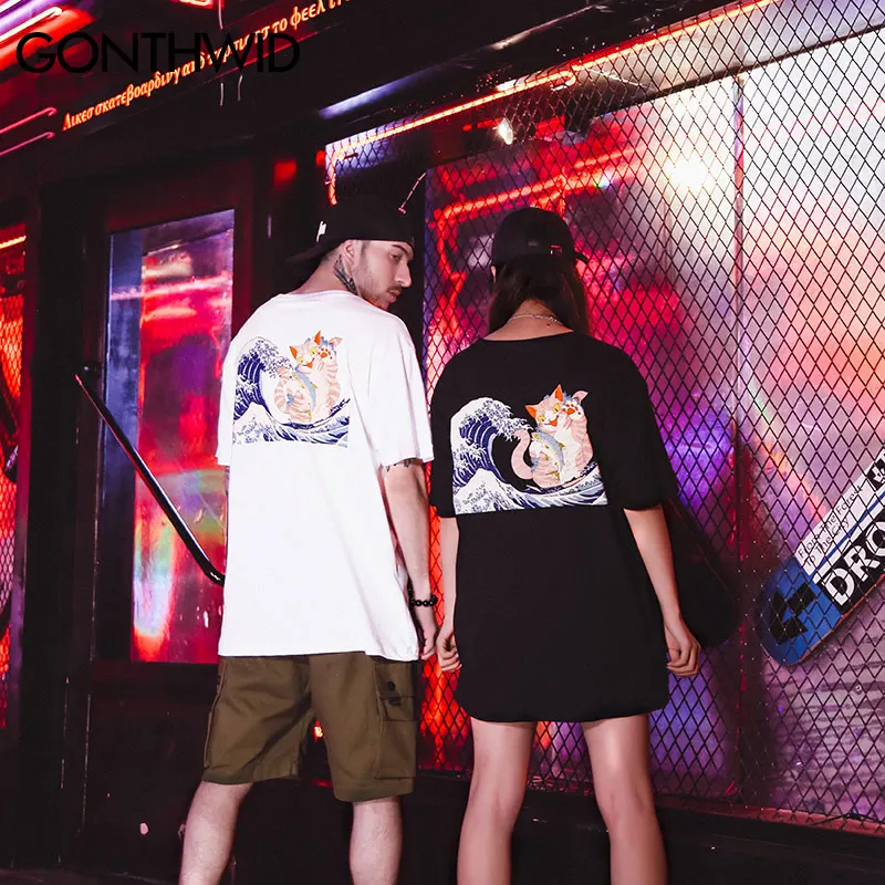 GONTHWID японский укийо-е кошка волна печати футболки уличная летняя Harajuku