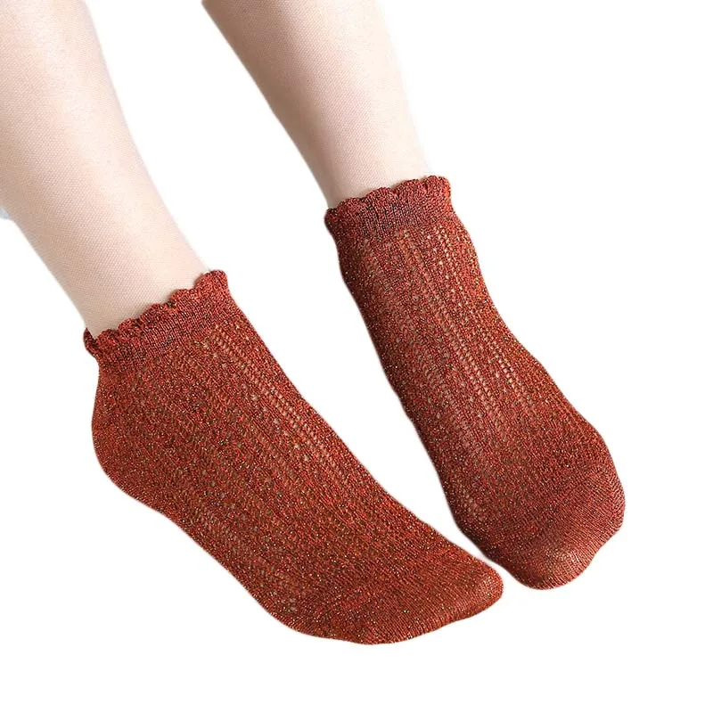 

[COSPLACOOL]Fashion Retro Lace Glitter Gold Silver Silk Socks Women Short Transparent Calcetines Harajuku Meias Shiny Funny Sox