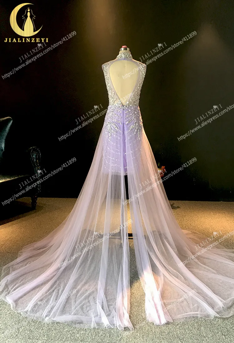

JIALINZEYI Real Picture High Neck Purple Tulle with Sliver Crystal Knee Length Fashion Evening Dresses Party Dressses 2021