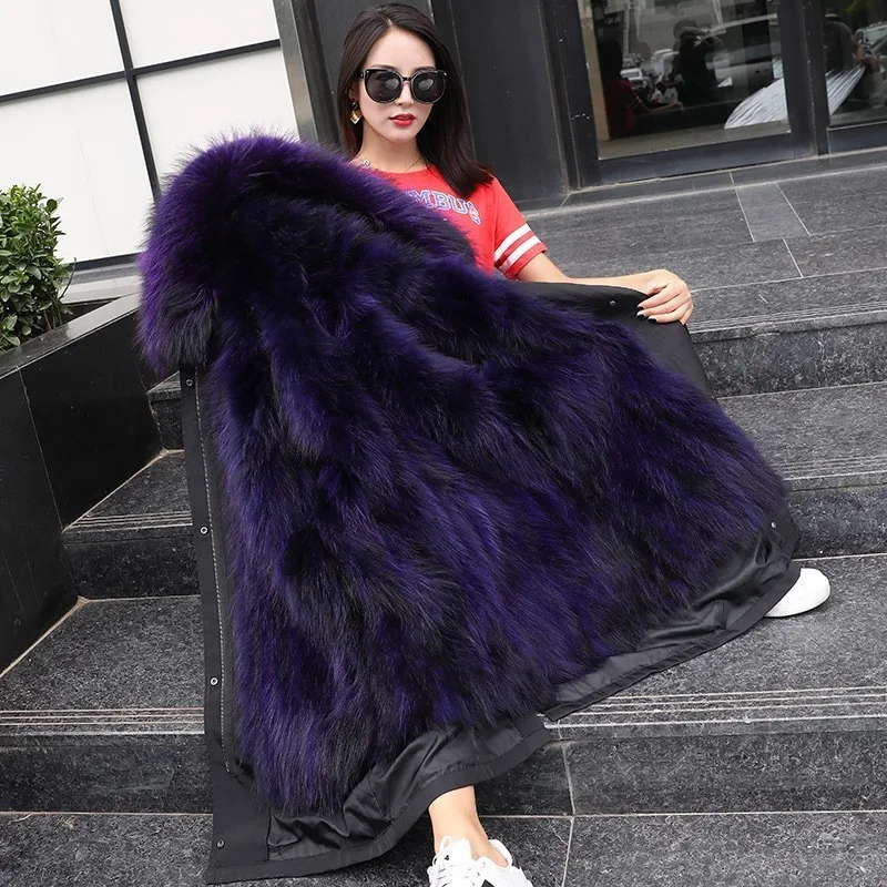 Purple Over the knee Пальто, женская зимняя куртка, Женское пальто из натурального меха, Воротник из натурального меха норки, свободные длинные парки, уличная одежда, съемная верхняя одежда, ZPC1 - Цвет: Purple Over the knee