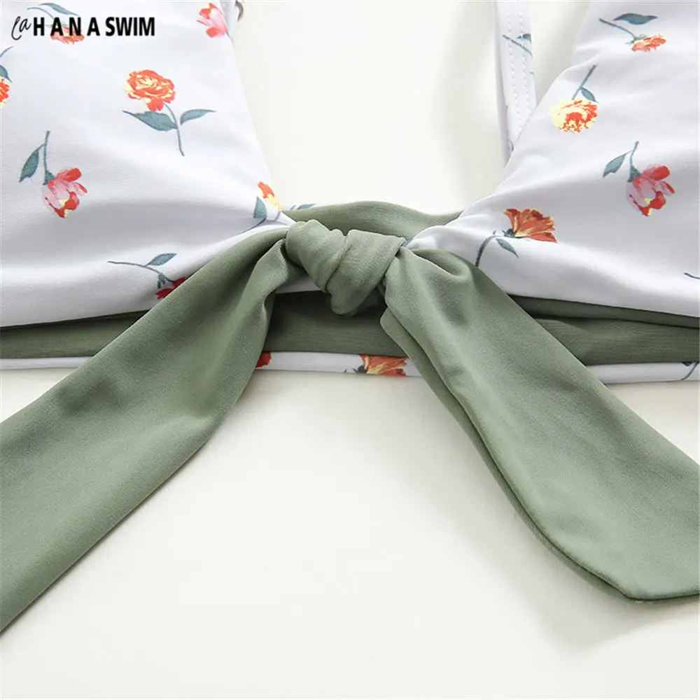 

New Style White Floral Print Bikini Set Bathing Suit Womens Tie Knot Front Bikinis Push Up Woman Swimwear Beach Swimming Suits